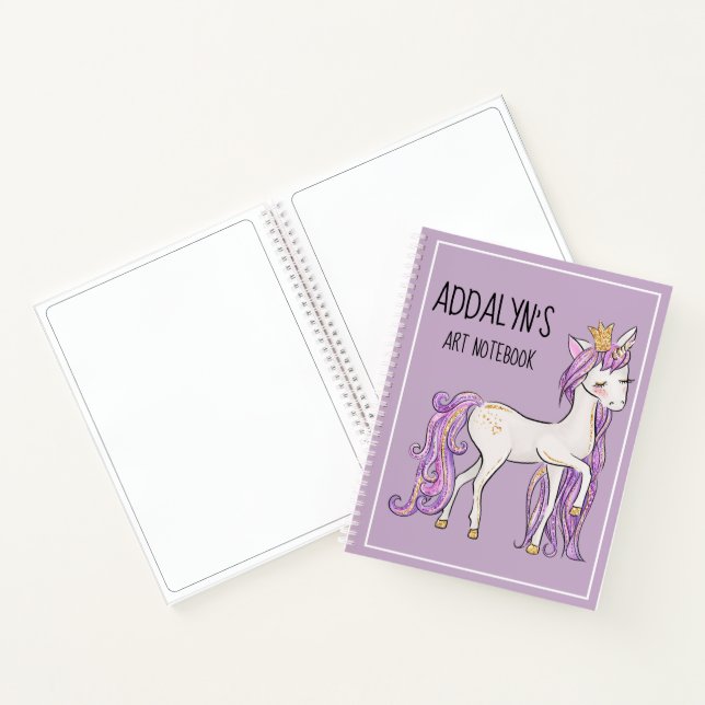 Cute Purple White Unicorn Tiara Drawing Notebook (Inside)