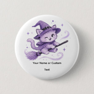 Cute Purple Witch Cat on Broomstick Halloween 6 Cm Round Badge