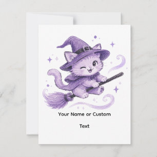 Cute Purple Witch Cat on Broomstick Halloween Card