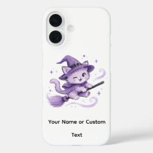Cute Purple Witch Cat on Broomstick Halloween iPhone 16 Case