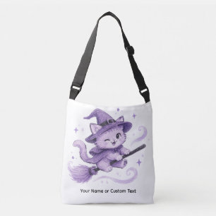 Cute Purple Witch Cat  on Broomstick Halloween Crossbody Bag