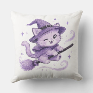 Cute Purple Witch Cat on Broomstick Halloween Cushion