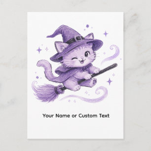 Cute Purple Witch Cat  on Broomstick Halloween Postcard