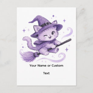 Cute Purple Witch Cat on Broomstick Halloween Postcard