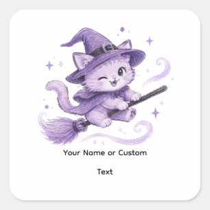 Cute Purple Witch Cat on Broomstick Halloween Square Sticker