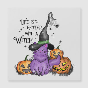 Cute Purple Witch Cat with Jack-O'-Lanterns