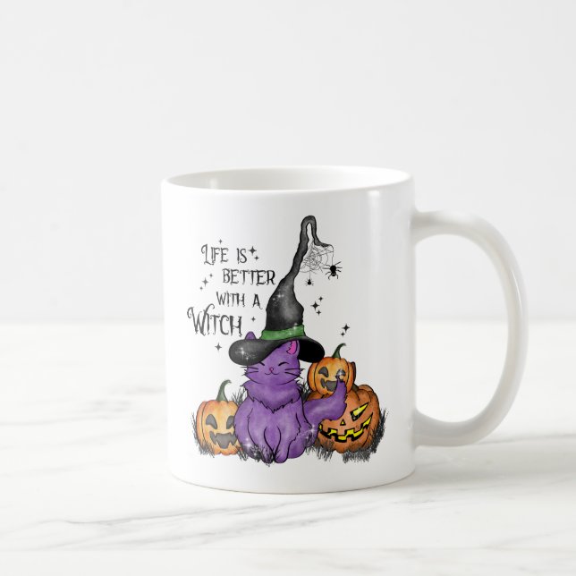 Cute Purple Witch Cat with Jack-O'-Lanterns Coffee Mug (Right)
