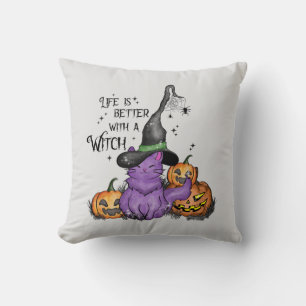 Cute Purple Witch Cat with Jack-O'-Lanterns Cushion