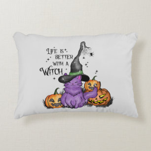 Cute Purple Witch Cat with Jack-O'-Lanterns Decorative Cushion