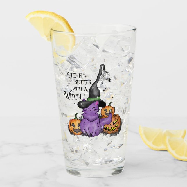 Cute Purple Witch Cat with Jack-O'-Lanterns Glass (Front Ice)