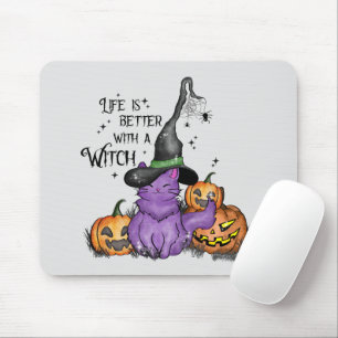 Cute Purple Witch Cat with Jack-O'-Lanterns Mouse Pad