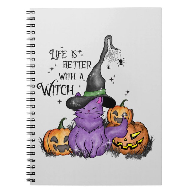 Cute Purple Witch Cat with Jack-O'-Lanterns Notebook (Front)
