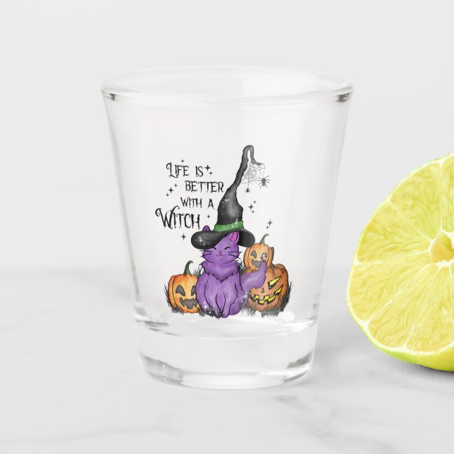 Cute Purple Witch Cat with Jack-O'-Lanterns Shot Glass (Front)