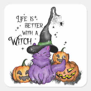 Cute Purple Witch Cat with Jack-O'-Lanterns Square Sticker