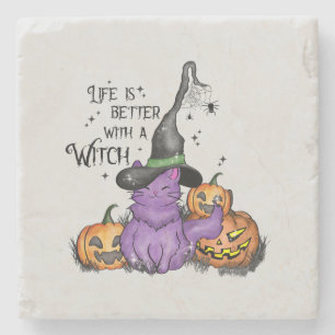 Cute Purple Witch Cat with Jack-O'-Lanterns Stone Coaster