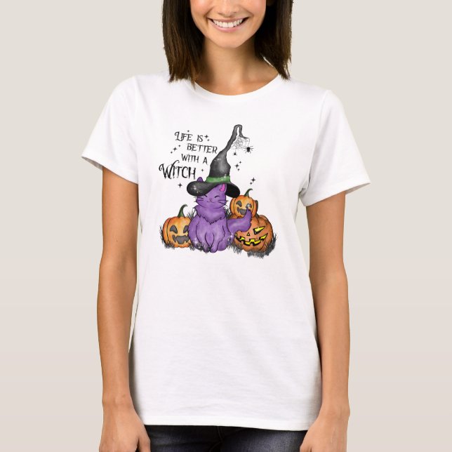 Cute Purple Witch Cat with Jack-O'-Lanterns T-Shirt (Front)
