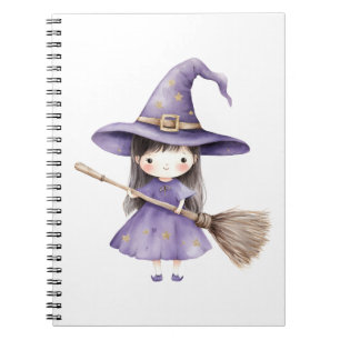 Cute Purple Witch Girl on Broom Halloween Notebook
