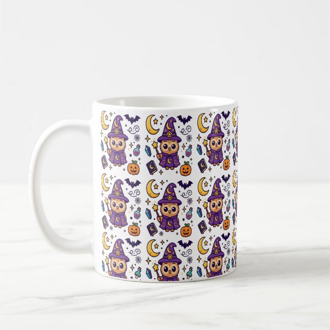 Cute Purple Witch Halloween Pattern Coffee Mug (Left)