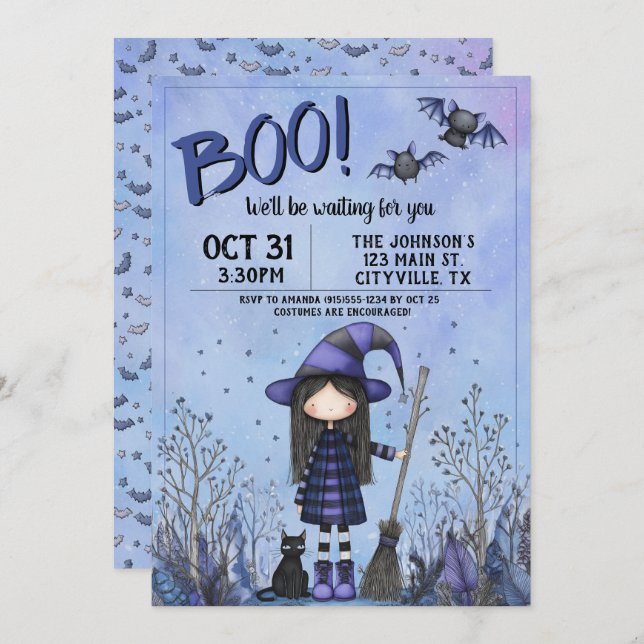 Cute Purple Witch Kids Halloween Invitation (Front/Back)