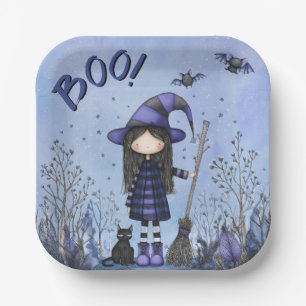 Cute Purple Witch Kids Halloween Paper Plate