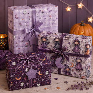 Cute Purple Witch & Owl Halloween Gift Wrapping Paper Sheet