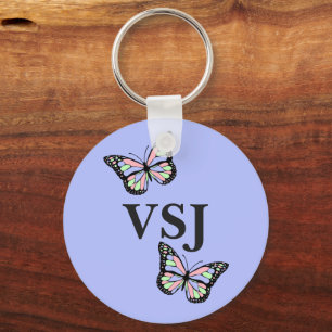 Cute Purple with Butterflies and Monogram Key Ring