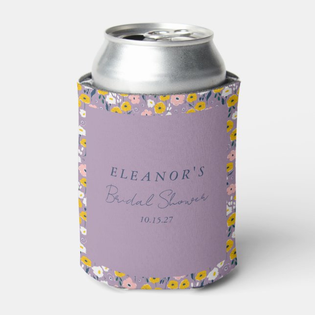 Cute Purple Yellow Floral Bridal Shower Custom Can Cooler (Can Front)