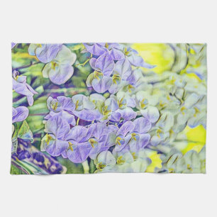 Cute purple yellow orchids flowers watercolor  tea towel