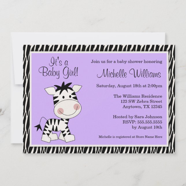 Cute Purple Zebra Girl Baby Shower Invitation (Front)