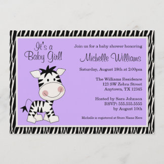 Cute Purple Zebra Girl Baby Shower Invitation