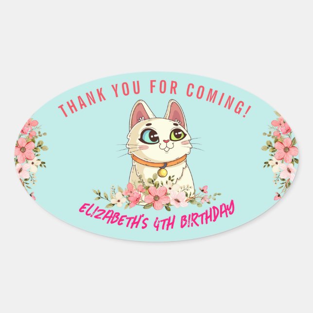 Cute Purrfect Cat Kitten Birthday Party Oval Sticker (Front)