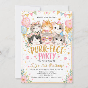 Cute Purrfect Party Kitty Invite for Girls & Teens