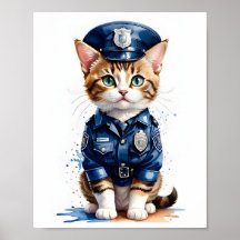 Cute Pussy Cat in Police Uniform Watercolor Art