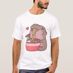 Cute Pygmy Hippo Slurping On Ramen Noodles  T-Shirt