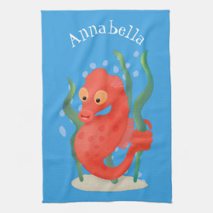 Cute pygmy seahorse cartoon tea towel