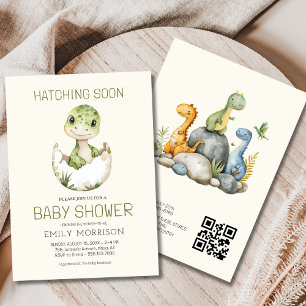 Cute QR Code Dinosaur Hatching Soon Baby Shower Invitation