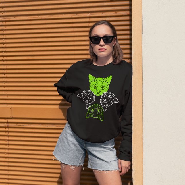 Cute Quadruple Cat Head On Lime White Wild Black Sweatshirt (Creator Uploaded)