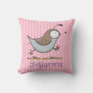 Cute quail on pink cartoon illustration cushion