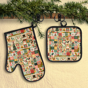 Cute Quilt Patchwork Christmas Oven Mitt & Pot Holder Set