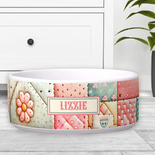 Cute Quilt Patchwork Pastel Custom Name Cat Pet Bowl