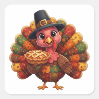 Cute Quilted Patchwork Turkey | Pilgrim Hat Pie Square Sticker