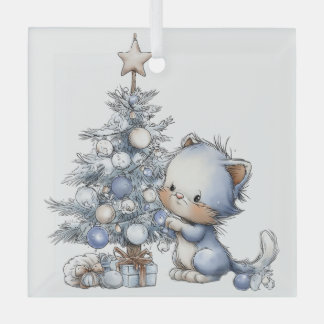 CUTE QUIRKY BLUE WINTER CHRISTMAS KITTY CAT GLASS TREE DECORATION
