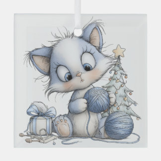 CUTE QUIRKY BLUE WINTER CHRISTMAS KITTY CAT GLASS TREE DECORATION