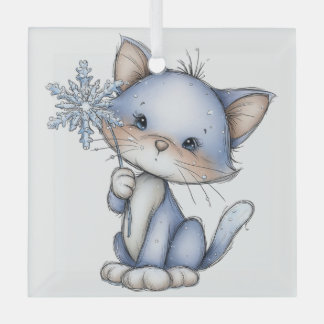 CUTE QUIRKY BLUE WINTER CHRISTMAS KITTY CAT GLASS TREE DECORATION
