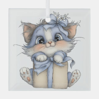 CUTE QUIRKY BLUE WINTER CHRISTMAS KITTY CAT GLASS TREE DECORATION