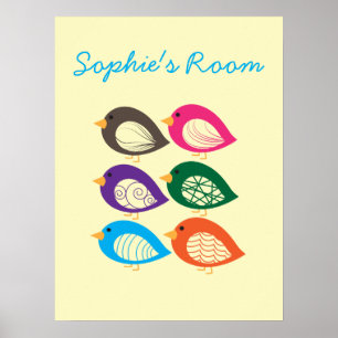 Cute quirky colourful birds poster