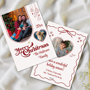 Cute quirky doodle christmas custom 3 photo red holiday card