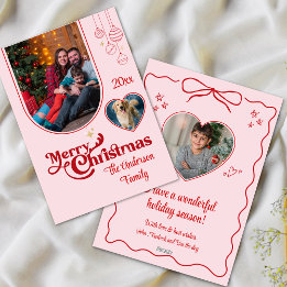 Cute quirky doodle christmas custom 3photo pink holiday card