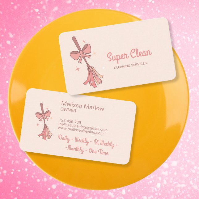 Cute Quirky House Cleaning Logo Retro Broom Bow Business Card (Creator Uploaded)
