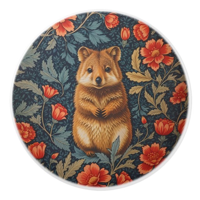 Cute Quokka William Morris Inspired Floral Ceramic Knob (Front)